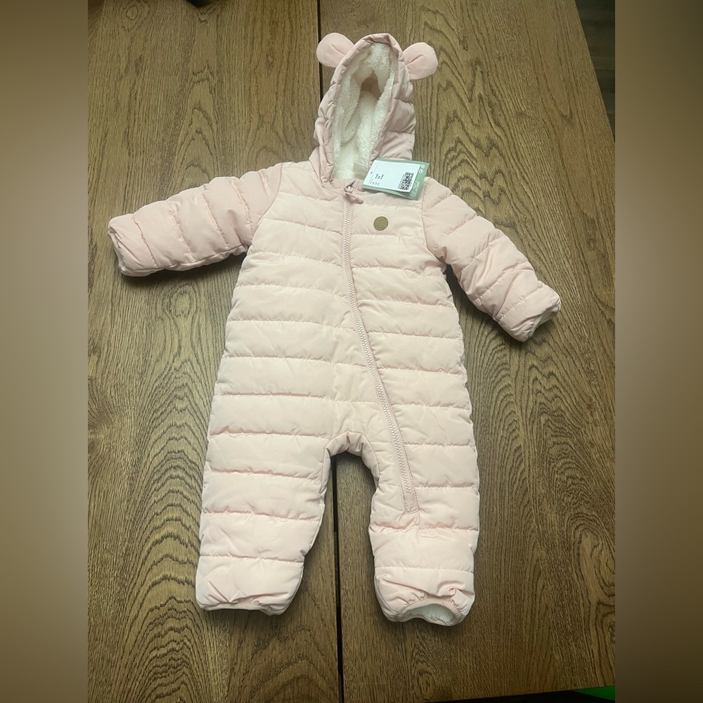 New H&M Baby Pink Quilted Snowsuit with Hooded Ears